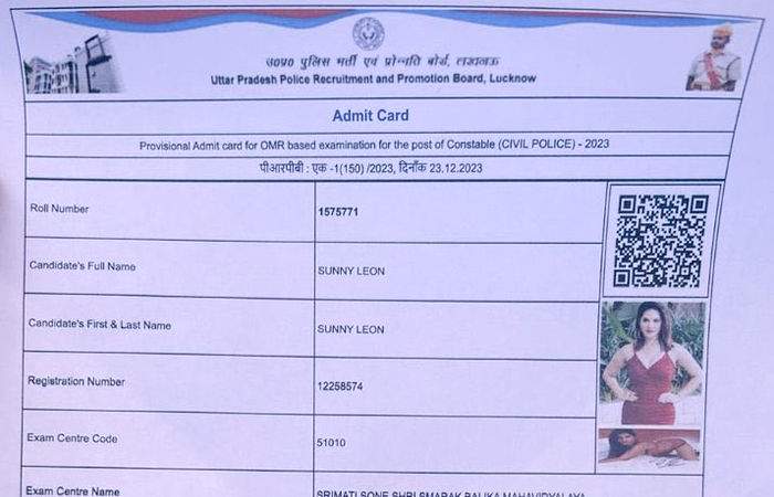 UP Police recruitment exam given to Sunny Leone? Admit card picture with photo goes viral